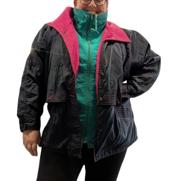Vintage Jackets & Blazers - Vintage 80s Nuage Multicolour Navy Yellow Pink Wind Breaker Jacket Size 44 3XL